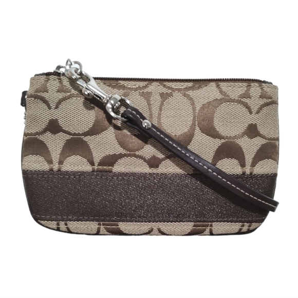 COACH Signature Stripe Small Wristlet Wallet Khaki Mahogany Brown F47790 - Picture 5 of 11